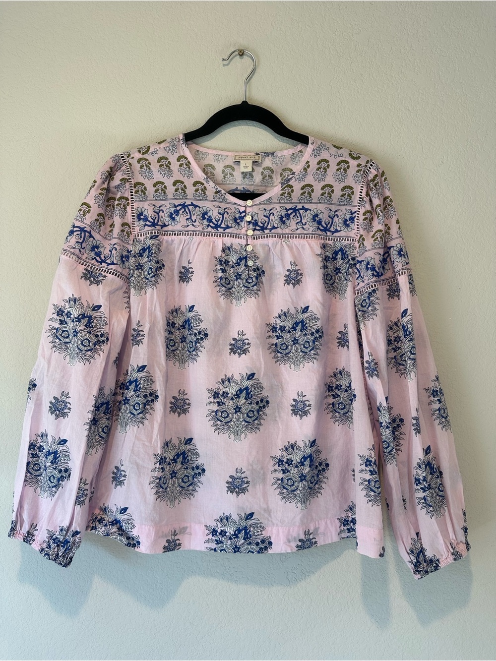 Point Sur J.CREW Violet and Indigo Block Print Cotton Blouse size L 100% Cotton
